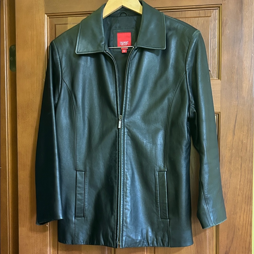 Classic Black Leather Zip-Front Jacket - ESPRIT